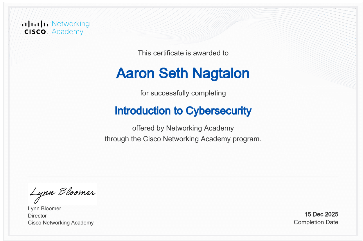 Introduction to Cybersecurity certificate