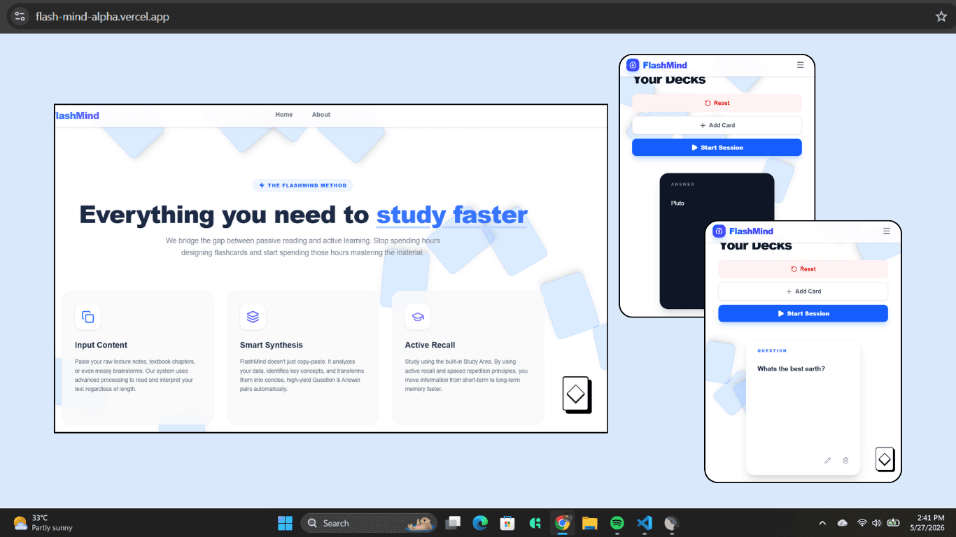 FlashMind flashcard study screen